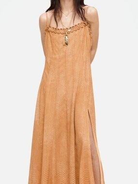 Strappy Chiffon Maxi Dress, Beige Snake Skin Pattern, Side Slit.  Small NWT